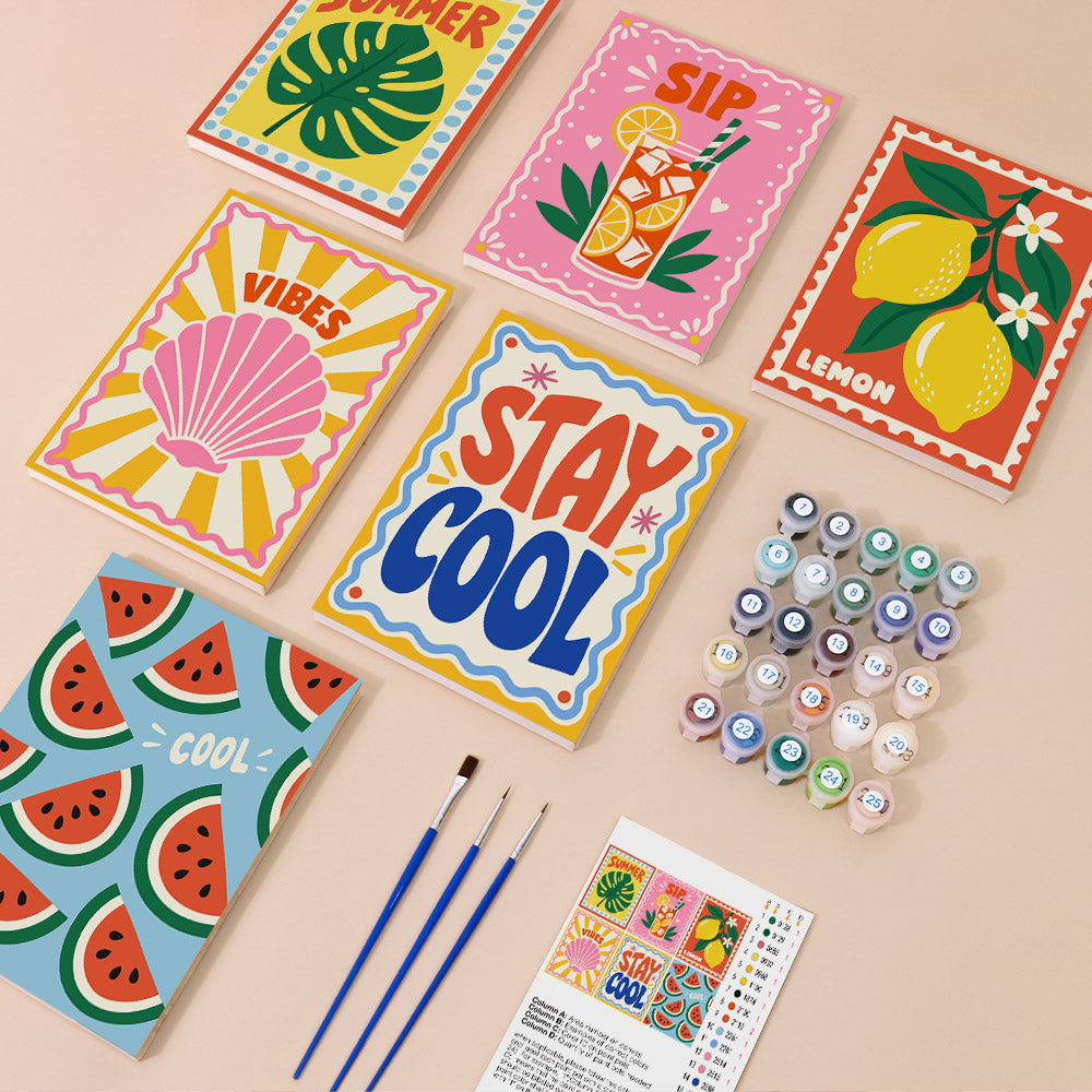 Stay Cool Summer mini paint by numbers kit with six numbered canvases, acrylic paints, brushes and layout