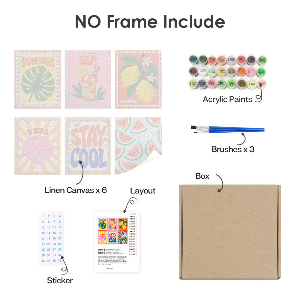 What's included without a frame: six rolled Stay Cool Summer mini canvases, acrylic paints, three brushes and layout