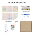 What's included without a frame: six rolled Stay Cool Summer mini canvases, acrylic paints, three brushes and layout