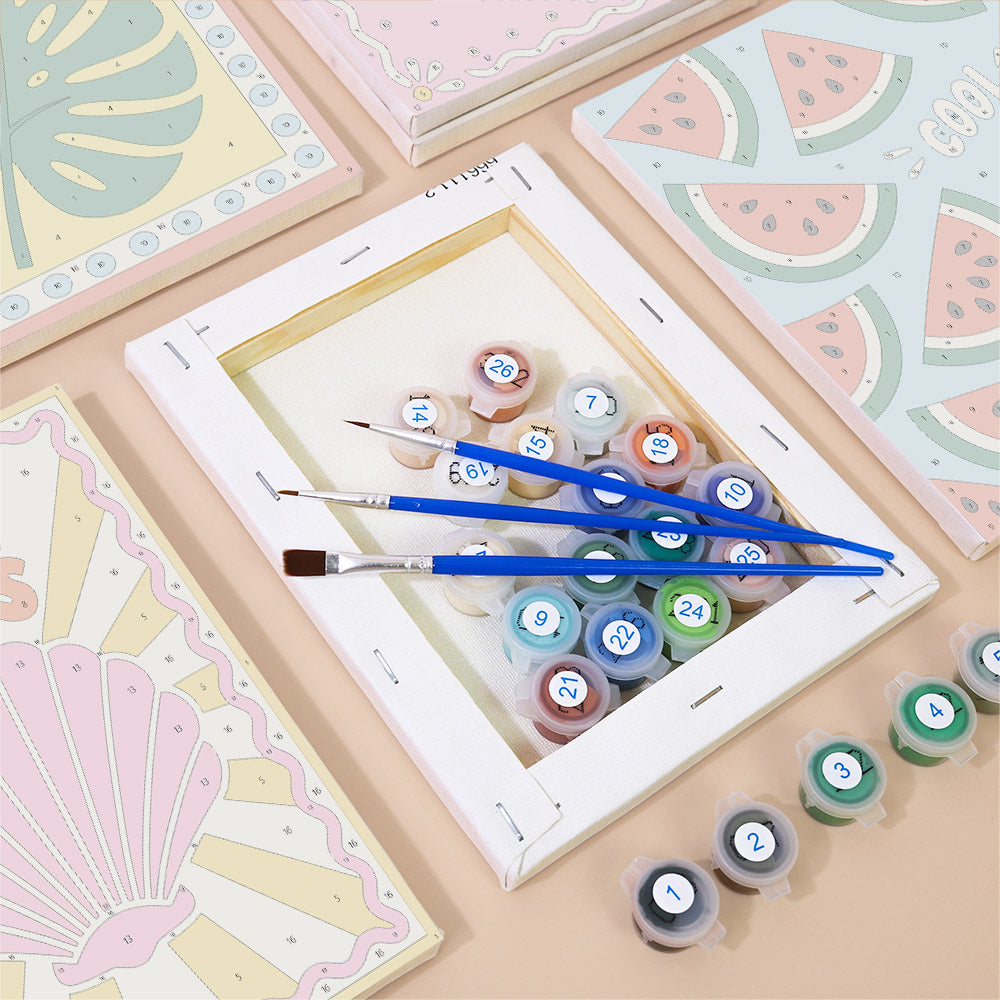 Numbered paint pots and brushes on a pre-stretched Stay Cool Summer mini canvas