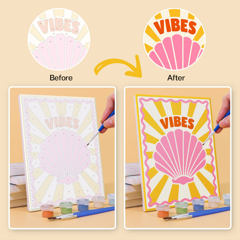 Before and after of a Stay Cool Summer mini paint by numbers canvas