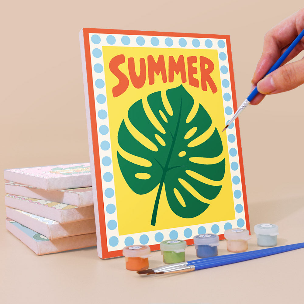 Painting a Stay Cool Summer mini canvas propped up beside numbered acrylic paints