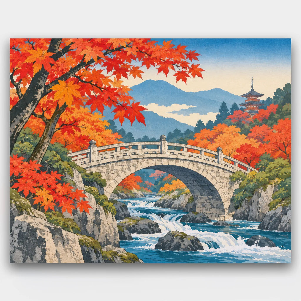 Stone Bridge in Autumn paint by numbers kit of a stone arch bridge over a rushing stream with red maples and a pagoda