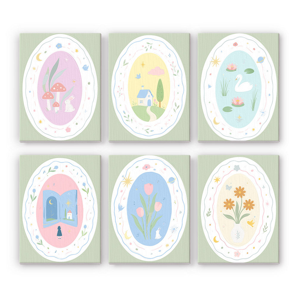 Storybook Cameos mini paint by numbers set: six oval fairytale scenes with toadstools, a cottage, a swan, a book, tulips and a posy