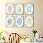 Storybook Cameos mini paintings displayed as a gallery wall in a sunny kitchen