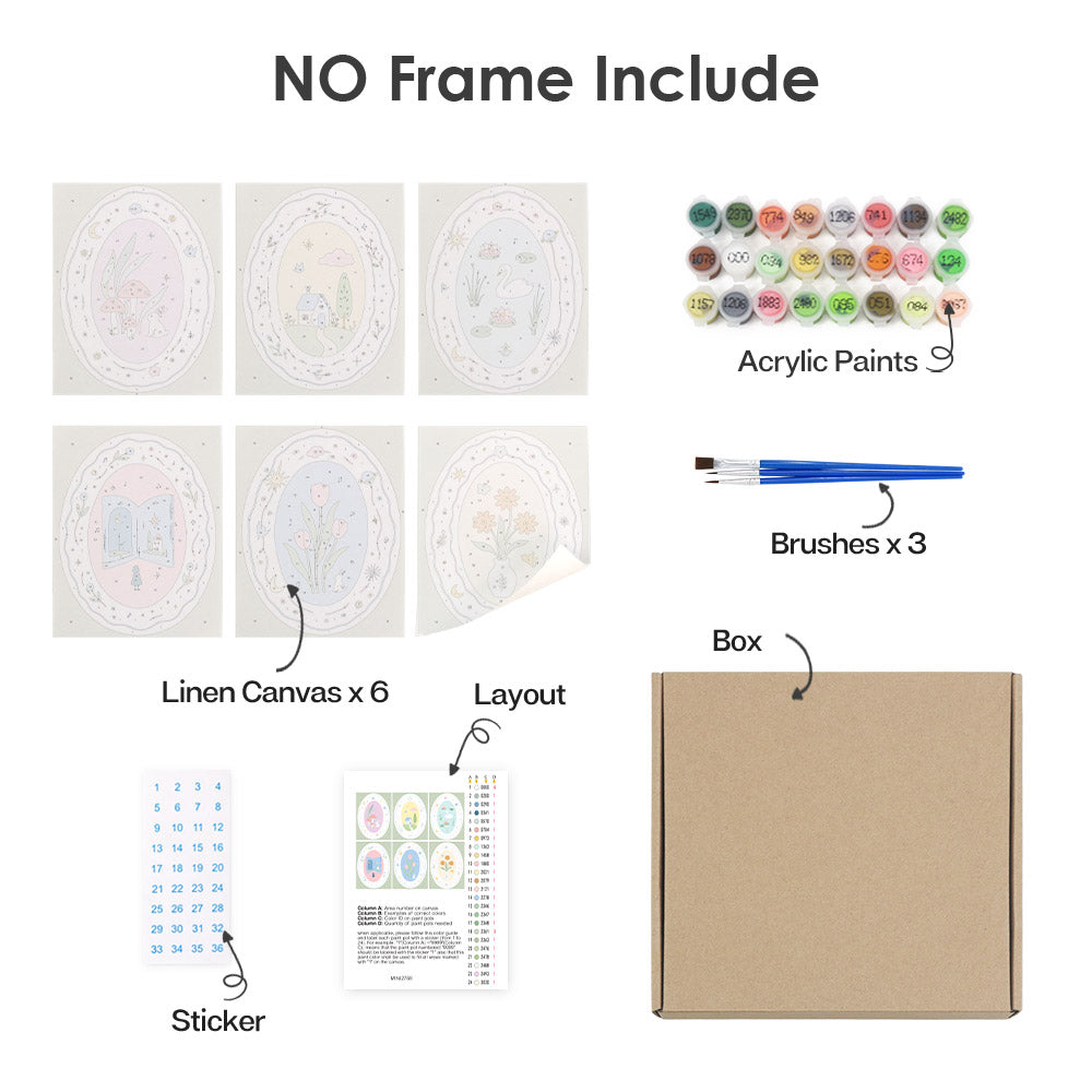 What's included without a frame: six rolled Storybook Cameos mini canvases, acrylic paints, three brushes and layout