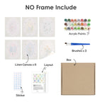 What's included without a frame: six rolled Storybook Cameos mini canvases, acrylic paints, three brushes and layout