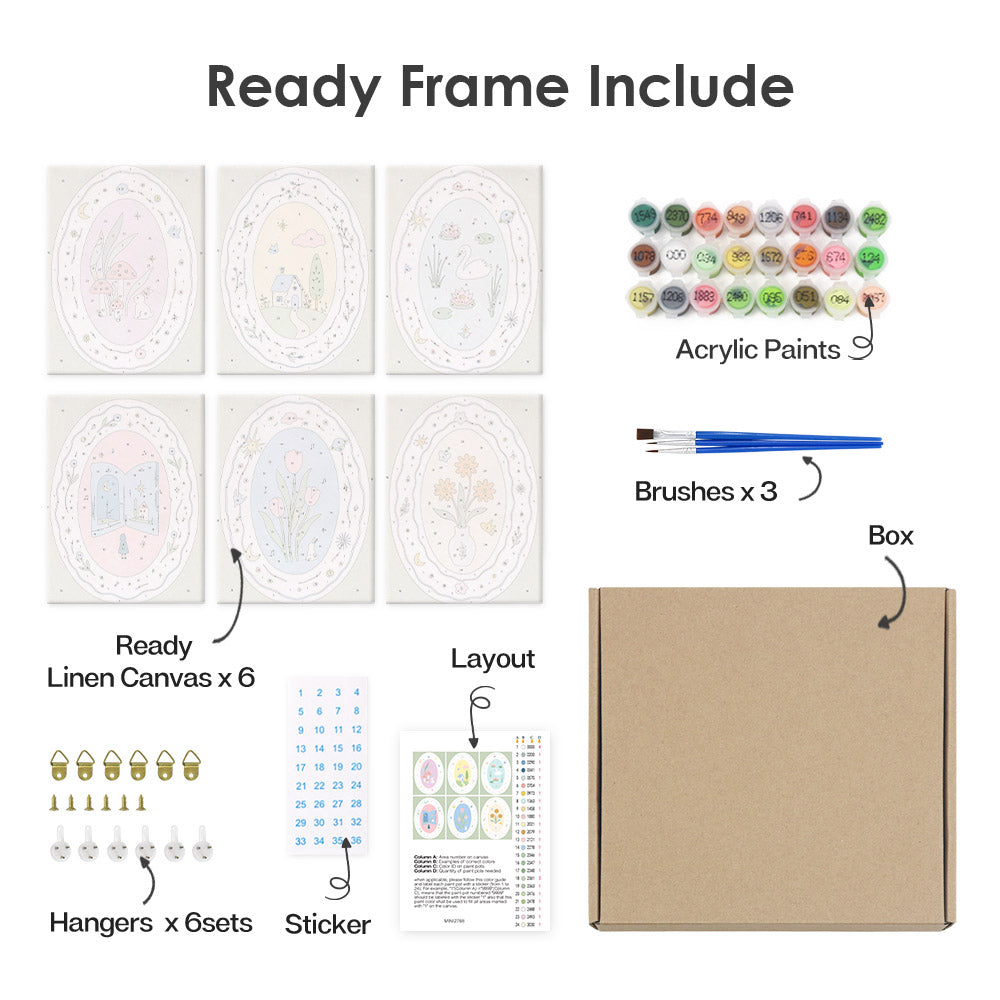 What's included pre-stretched on frame: six framed Storybook Cameos mini canvases, paints, three brushes, hangers and layout