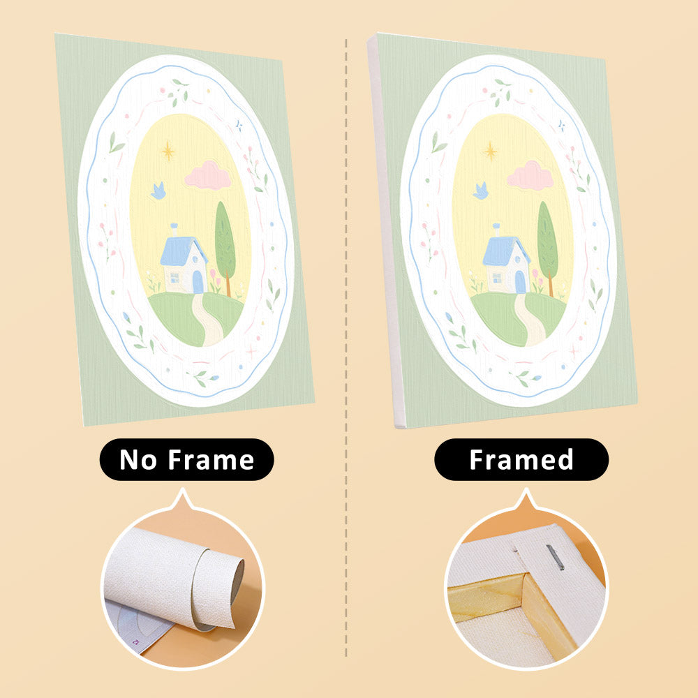 Storybook Cameos mini canvas shown rolled without a frame and pre-stretched on a frame