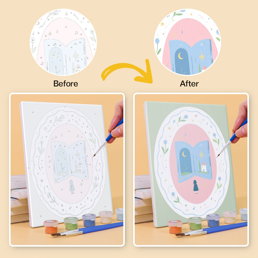 Before and after of a Storybook Cameos mini paint by numbers canvas