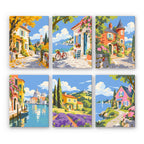 Storybook Villages mini paint by numbers set: six European village scenes with cobbled lanes, cottages, a canal and lavender