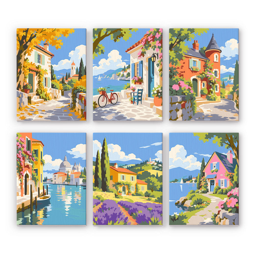 Storybook Villages mini paint by numbers set: six European village scenes with cobbled lanes, cottages, a canal and lavender