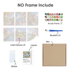 What's included without a frame: six rolled Storybook Villages mini canvases, acrylic paints, three brushes and layout