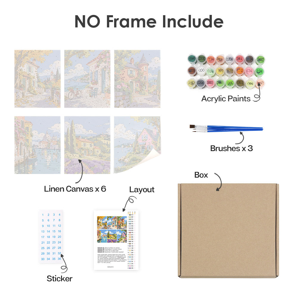 What's included without a frame: six rolled Storybook Villages mini canvases, acrylic paints, three brushes and layout