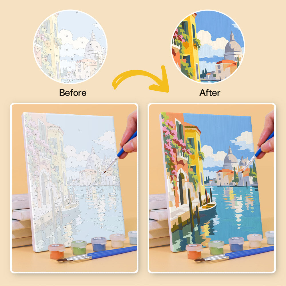 Before and after of a Storybook Villages mini paint by numbers canvas
