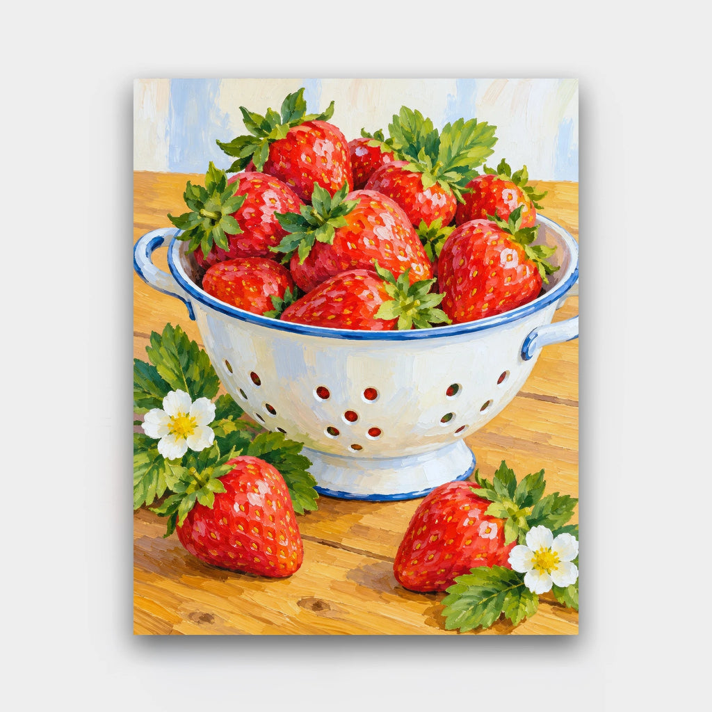 Strawberry Colander paint by numbers kit of fresh strawberries in a white enamel colander on a wooden table with blossoms