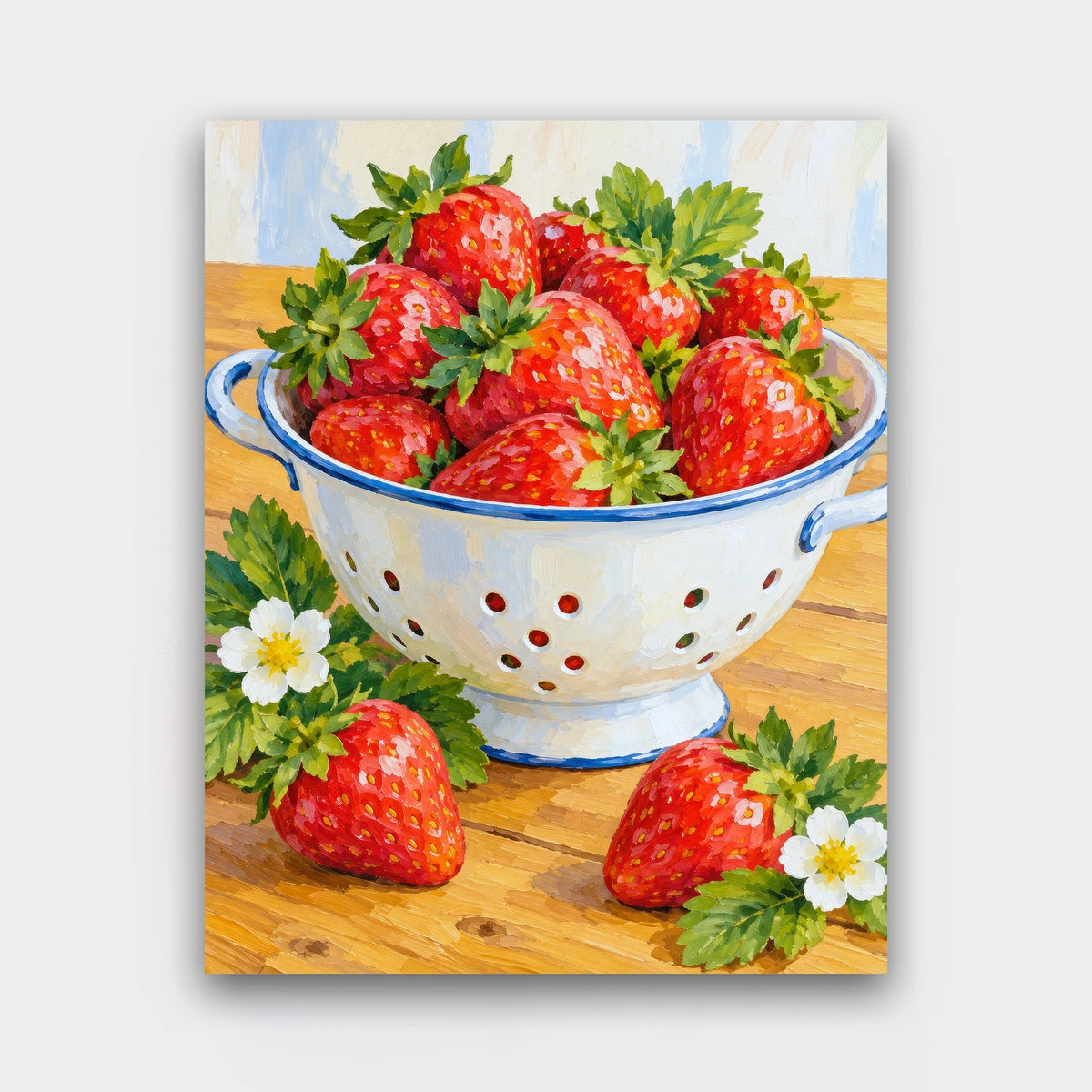 Strawberry Colander paint by numbers kit of fresh strawberries in a white enamel colander on a wooden table with blossoms