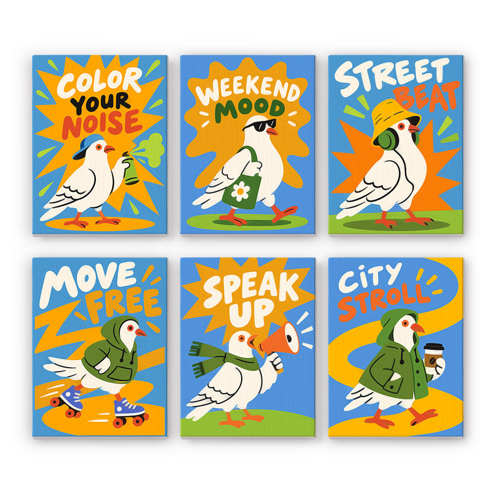 Street Pigeons mini paint by numbers set: six designs of city pigeons with bold poster slogans