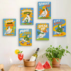 Six finished Street Pigeons mini paintings hung on a wall above a table
