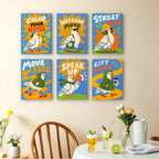 Street Pigeons mini paintings displayed as a gallery wall in a sunny kitchen