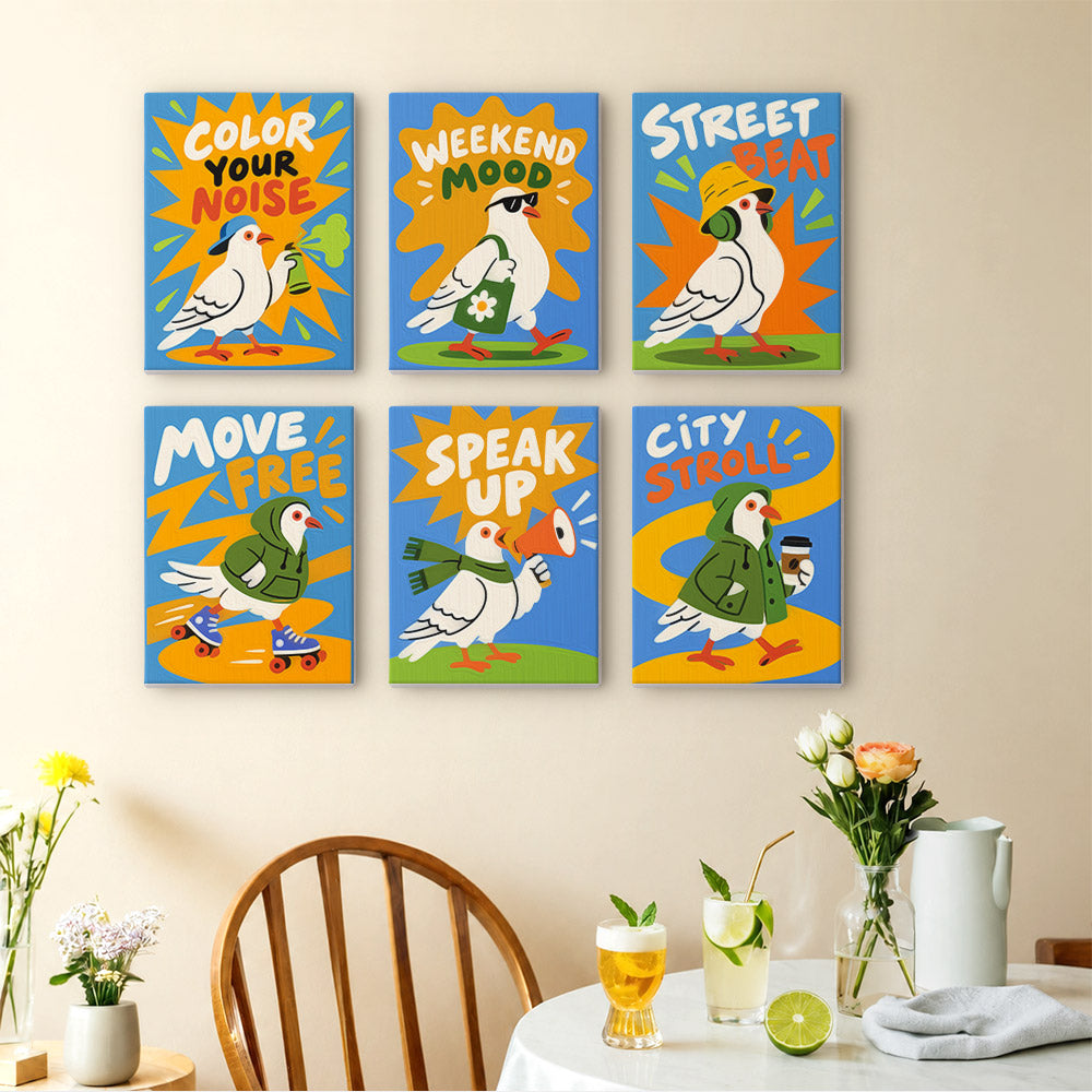 Street Pigeons mini paintings displayed as a gallery wall in a sunny kitchen