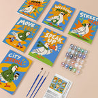 Street Pigeons mini paint by numbers kit with six numbered canvases, acrylic paints, brushes and layout