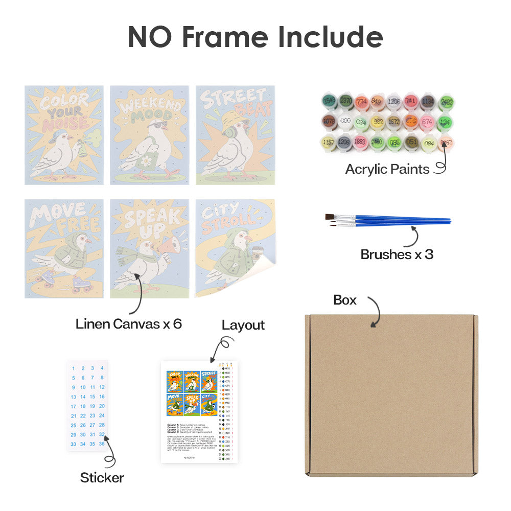 What's included without a frame: six rolled Street Pigeons mini canvases, acrylic paints, three brushes and layout