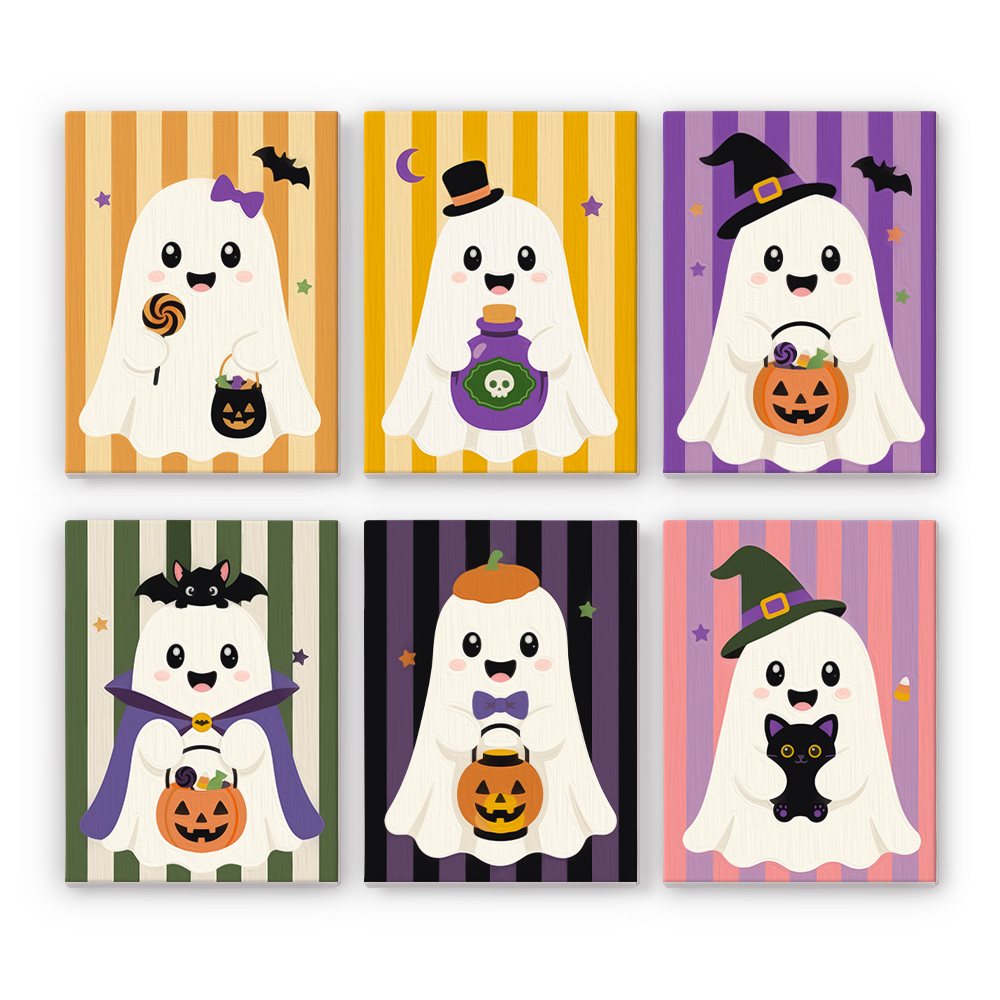 Striped Ghosties mini paint by numbers set: six cute costumed ghosts on bold striped backgrounds with hats, candy buckets and a black cat