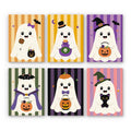 Striped Ghosties mini paint by numbers set: six cute costumed ghosts on bold striped backgrounds with hats, candy buckets and a black cat