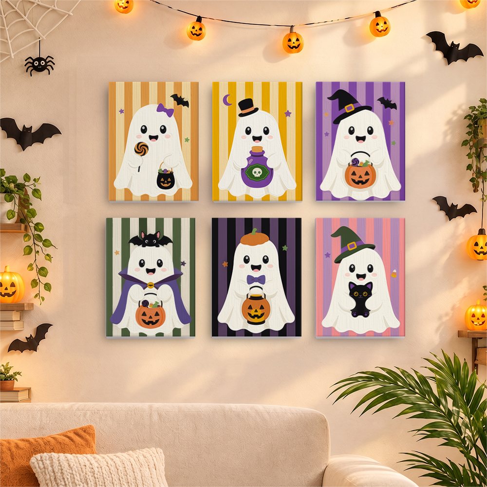 Six finished Striped Ghosties mini paintings hung on a wall above a table
