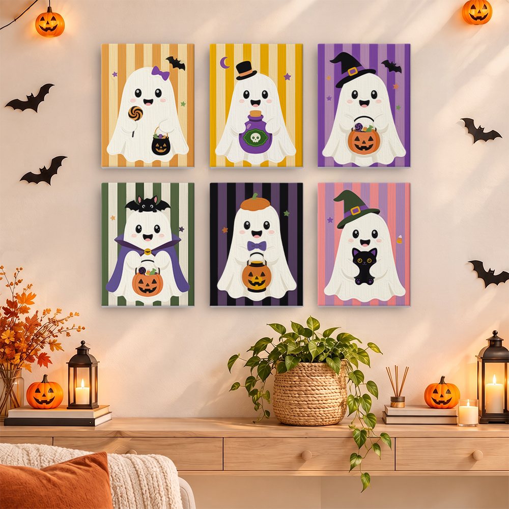 Striped Ghosties mini paintings displayed as a gallery wall in a sunny kitchen