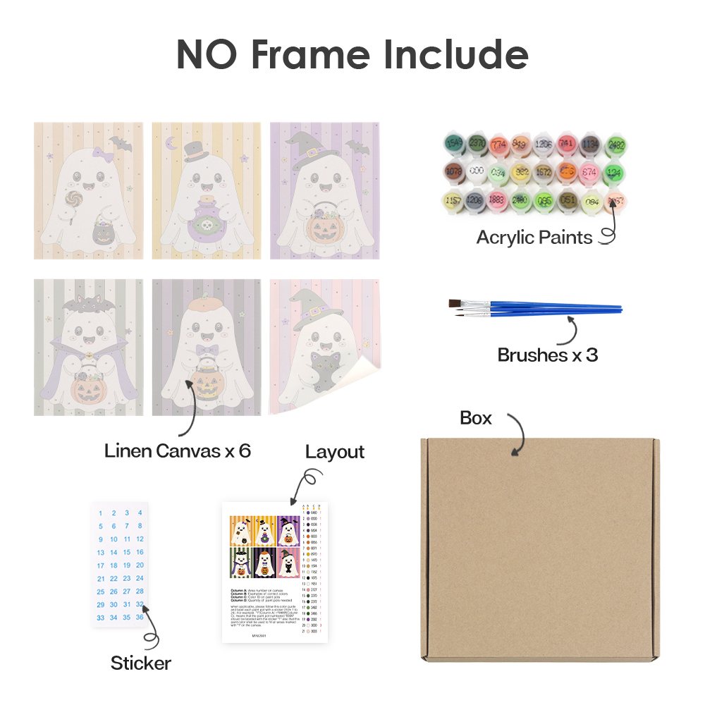 What's included without a frame: six rolled Striped Ghosties mini canvases, acrylic paints, three brushes and layout