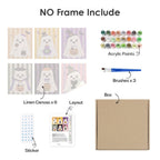 What's included without a frame: six rolled Striped Ghosties mini canvases, acrylic paints, three brushes and layout