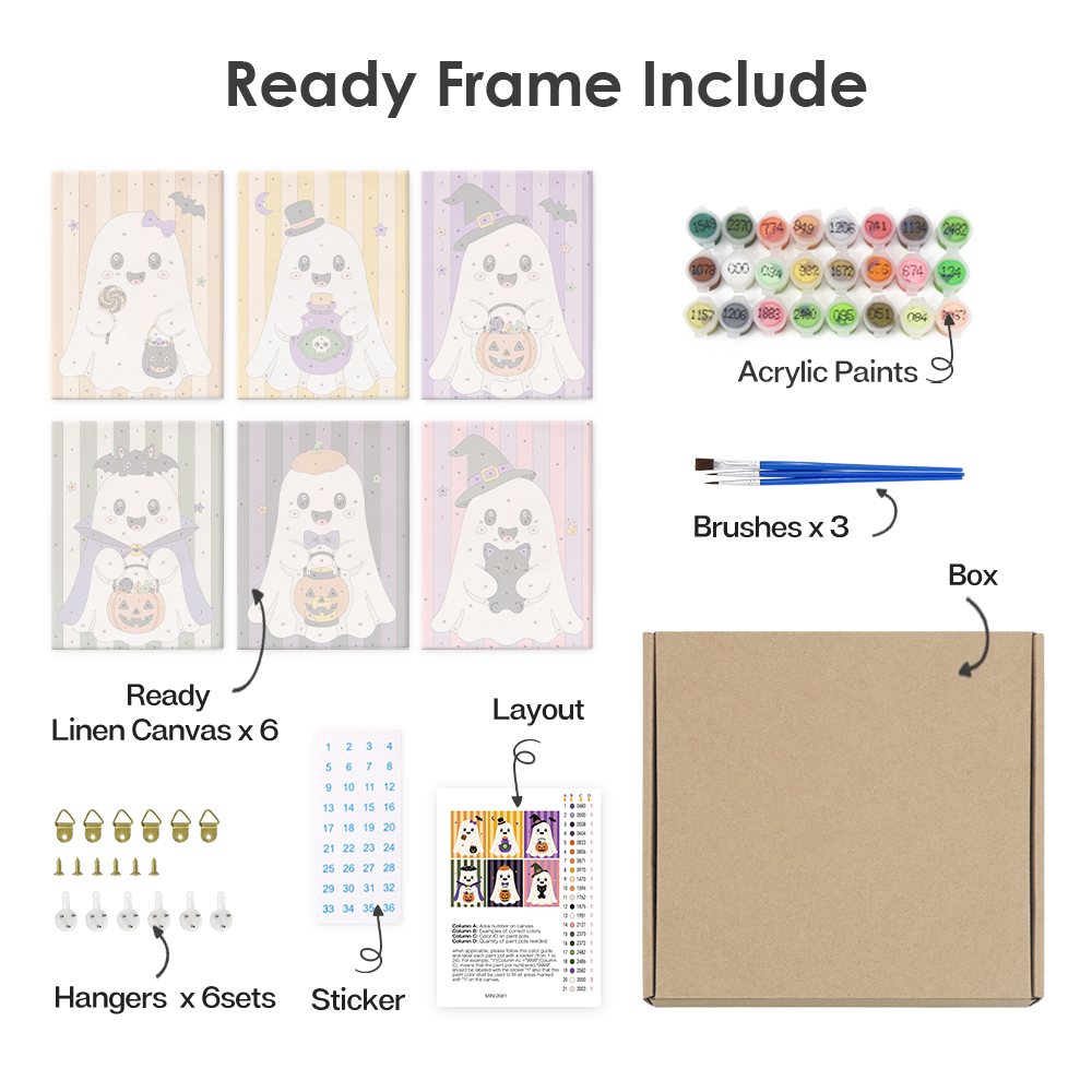 What's included pre-stretched on frame: six framed Striped Ghosties mini canvases, paints, three brushes, hangers and layout