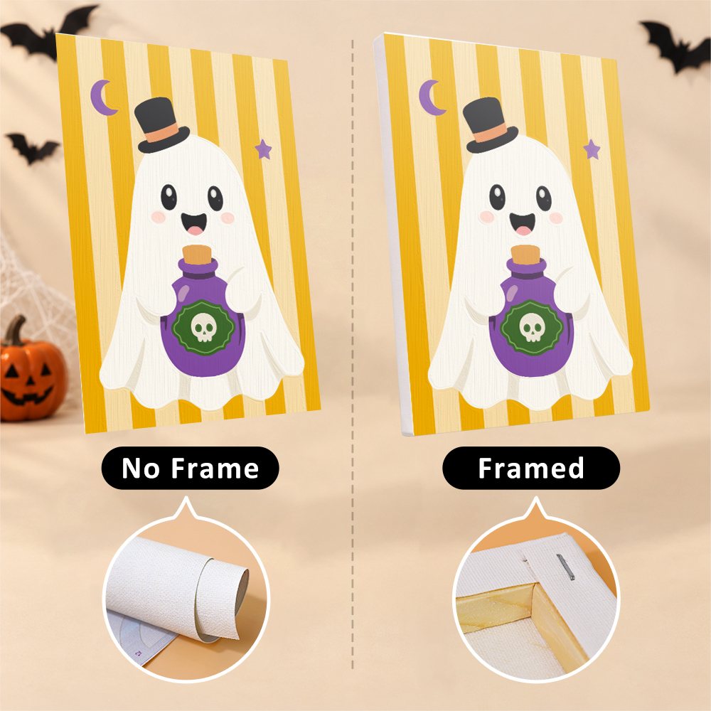 Striped Ghosties mini canvas shown rolled without a frame and pre-stretched on a frame