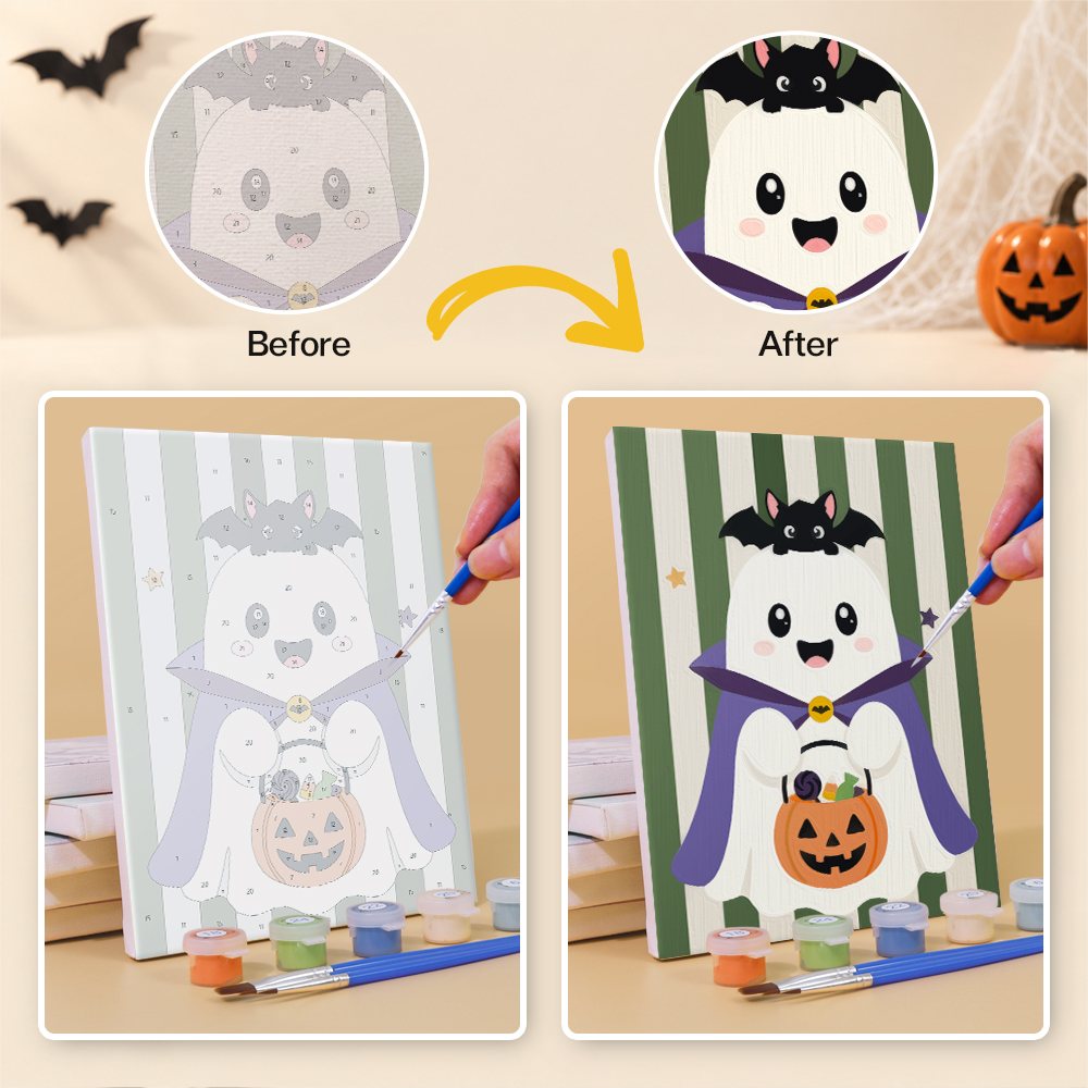 Before and after of a Striped Ghosties mini paint by numbers canvas