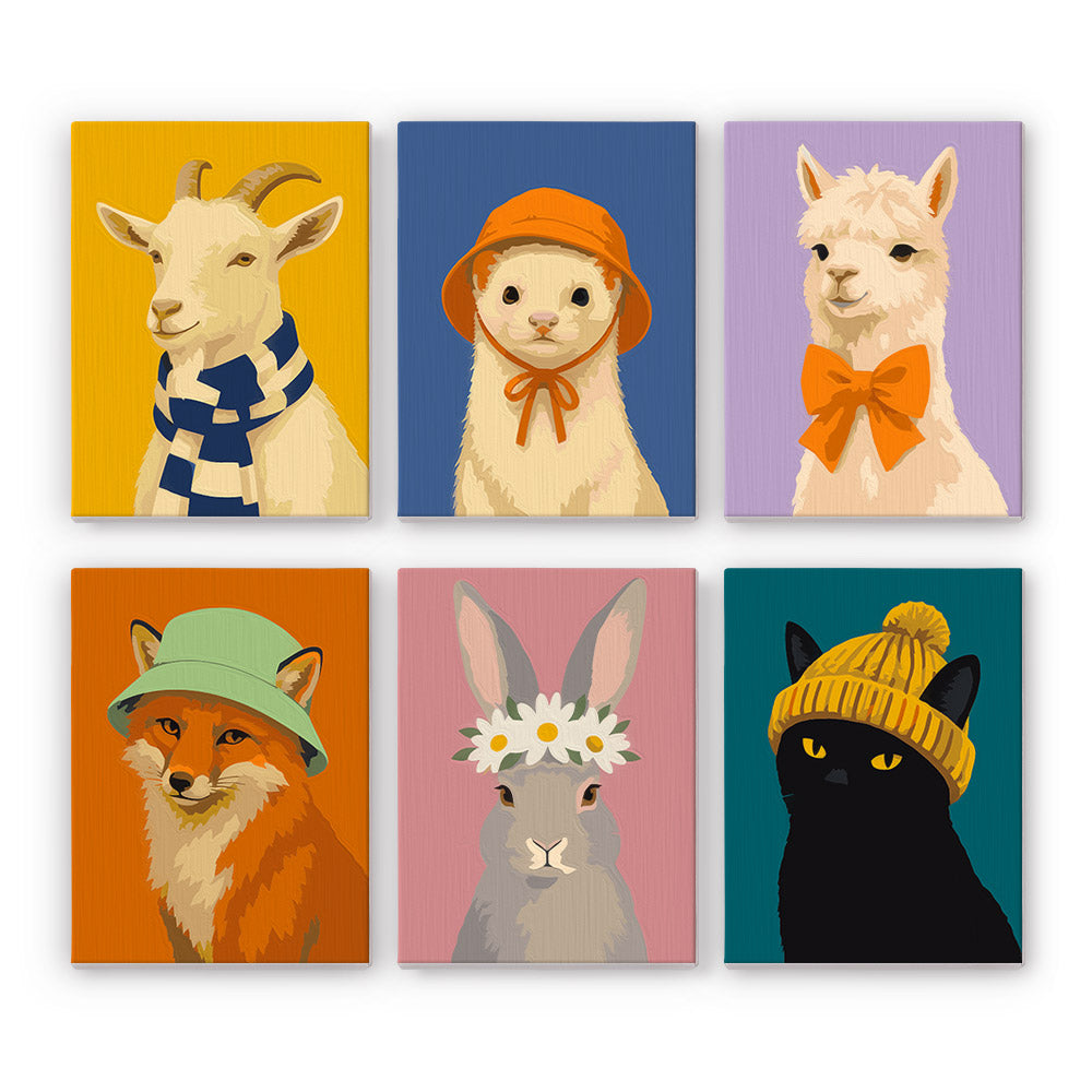 Style Critters mini paint by numbers set: six animal portraits in scarves, hats, bows and a flower crown