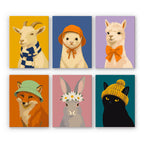 Style Critters mini paint by numbers set: six animal portraits in scarves, hats, bows and a flower crown