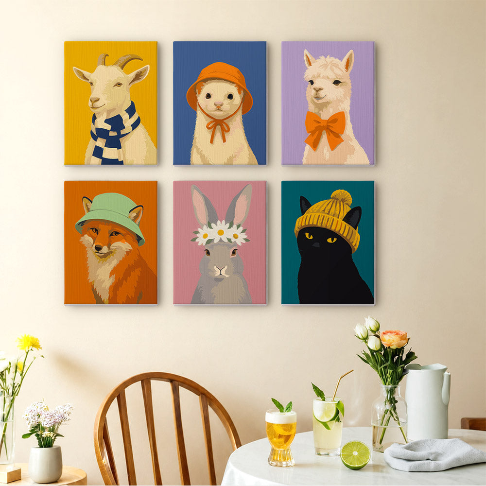 Style Critters mini paintings displayed as a gallery wall in a sunny kitchen
