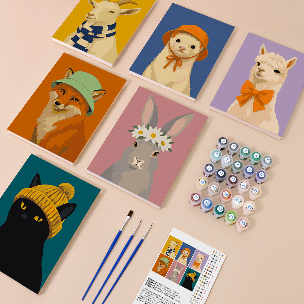 Style Critters mini paint by numbers kit with six numbered canvases, acrylic paints, brushes and layout