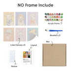 What's included without a frame: six rolled Style Critters mini canvases, acrylic paints, three brushes and layout
