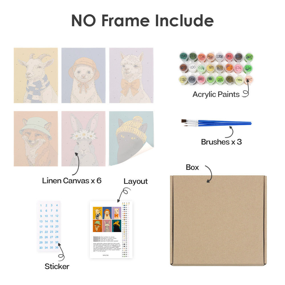 What's included without a frame: six rolled Style Critters mini canvases, acrylic paints, three brushes and layout