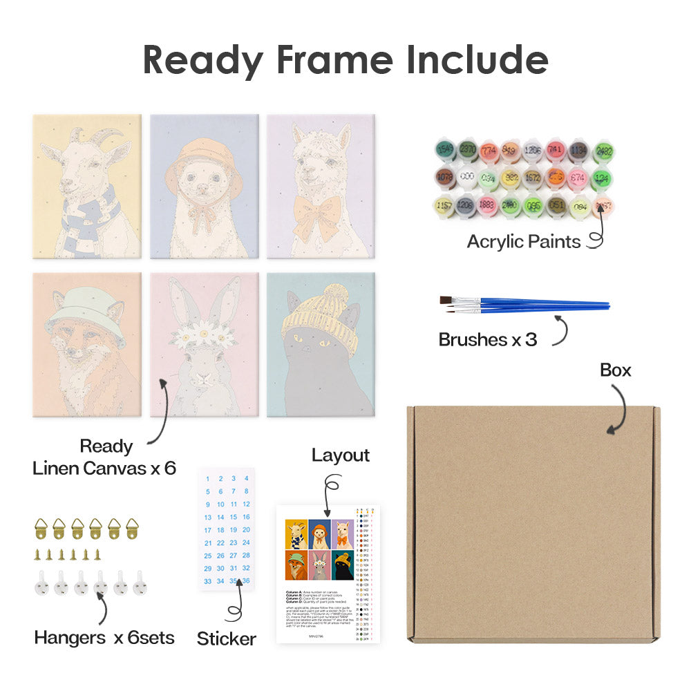 What's included pre-stretched on frame: six framed Style Critters mini canvases, paints, three brushes, hangers and layout