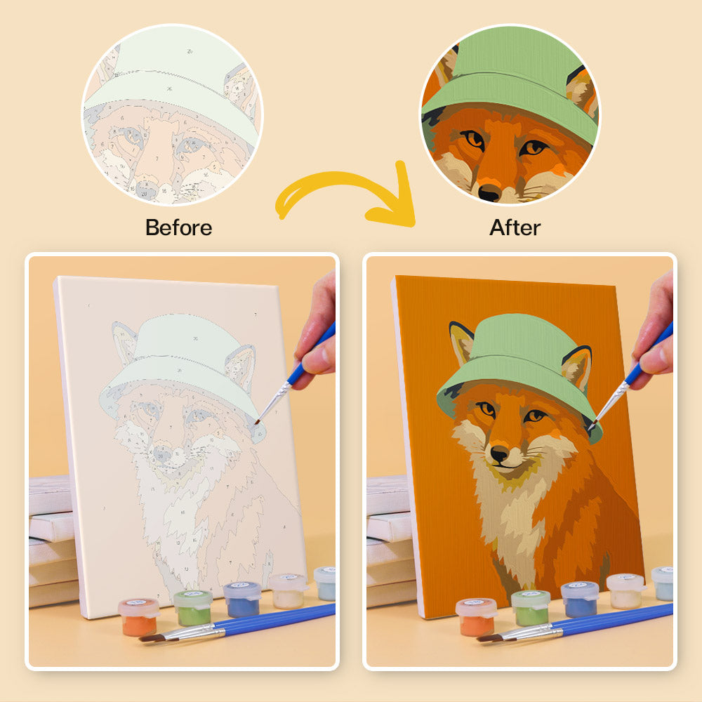 Before and after of a Style Critters mini paint by numbers canvas