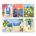 Summer Escapes mini paint by numbers set: six Mediterranean scenes with a doorway, sunset, daisy field, lemons, beach chair and window