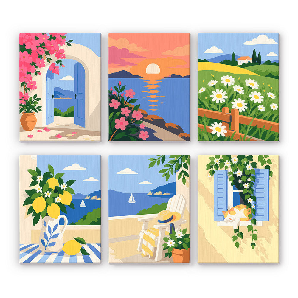 Summer Escapes mini paint by numbers set: six Mediterranean scenes with a doorway, sunset, daisy field, lemons, beach chair and window