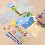 Filling in a Summer Escapes mini canvas with numbered acrylic paints and a fine brush