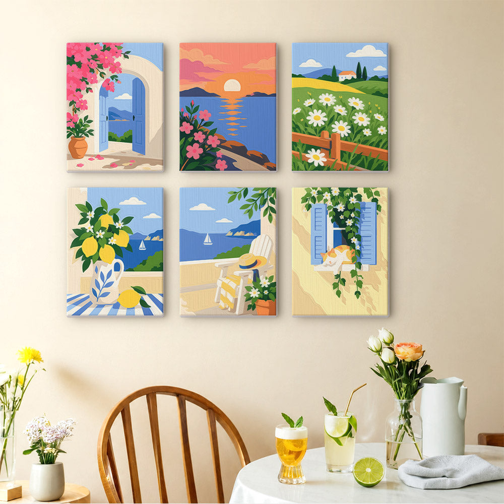 Summer Escapes mini paintings displayed as a gallery wall in a sunny kitchen