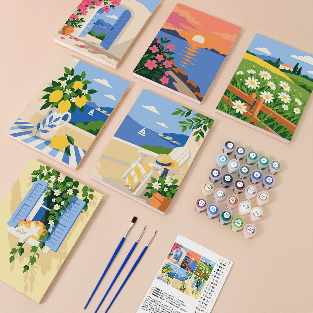 Summer Escapes mini paint by numbers kit with six numbered canvases, acrylic paints, brushes and layout