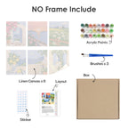 What's included without a frame: six rolled Summer Escapes mini canvases, acrylic paints, three brushes and layout